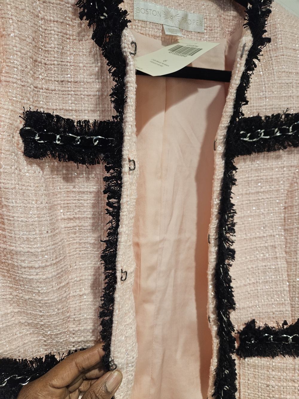 Boston Proper Pink Tweed Jacket with Black Fringe Trim #924 - Picture 5 of 8